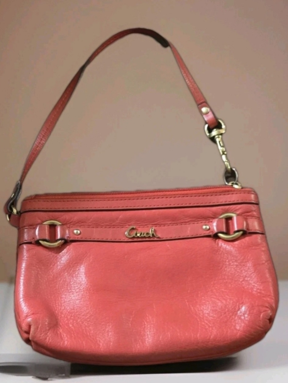 Coach Leather Wristlet Gold Tone Accent Pouch Vintage Coral Bag